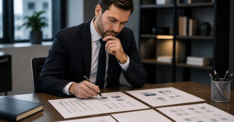 Psychometria osobowości lidera - menedżer analizujący wyniki testów psychometrycznych Big Five w biurze